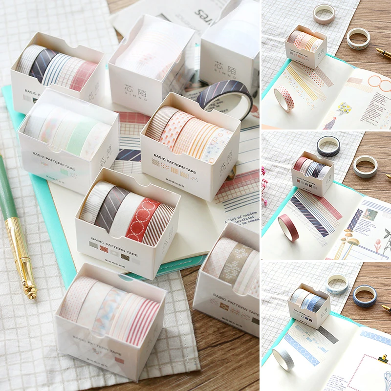 

Sale 5PCS/Box Tape Striped Adhesive Tape Popular Scrapbooking Sticker Basic Shapes Grid High Quality DIY Label Masking Tape