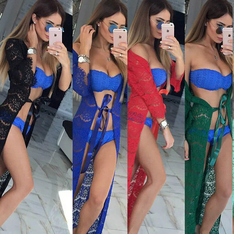 

Sexy Transparent Long Lace Beach Tunic Kimono Cardigan Shirt Women Top Blouse Robe Sun Protection clothing Summer Cover 2019