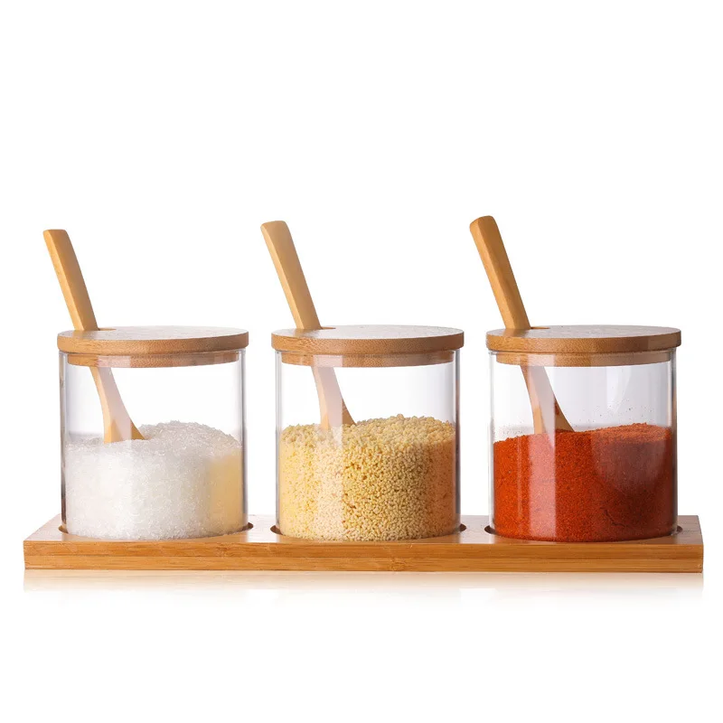 

3Bottles/Set wood Lid Condiment Pot Seasoning Bottle Glass Kitchen Supplies spice rack salt and pepper shakers Jar container