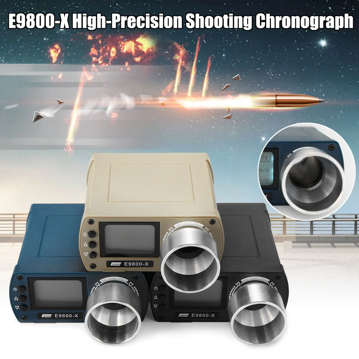 

-10C to 50C E9800-X Airsoft BB Shooting Speed Tester High-Precision Shooting Chronograph 0-500J Firing-Kinetic Energy LCD Screen