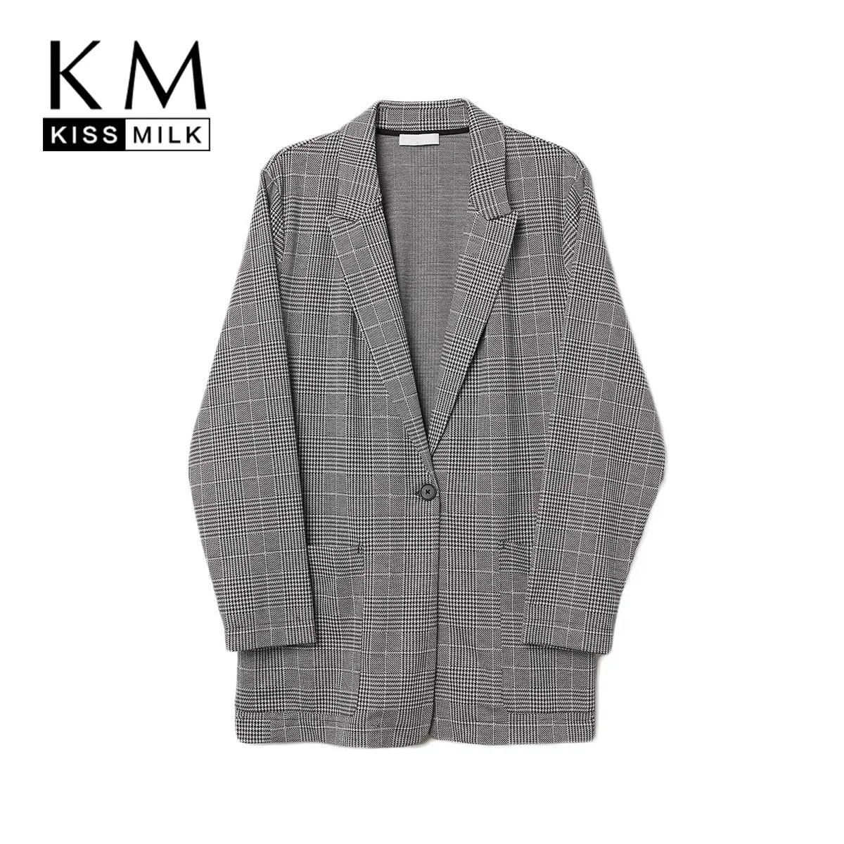 Kissmilk Europe And American Style Simple Temperament Retro Plaid Large Size Slim Lapels One Button Blazer