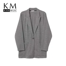 Kissmilk Europe And American Style Simple Temperament Retro Plaid Large Size Slim Lapels One Button Blazer