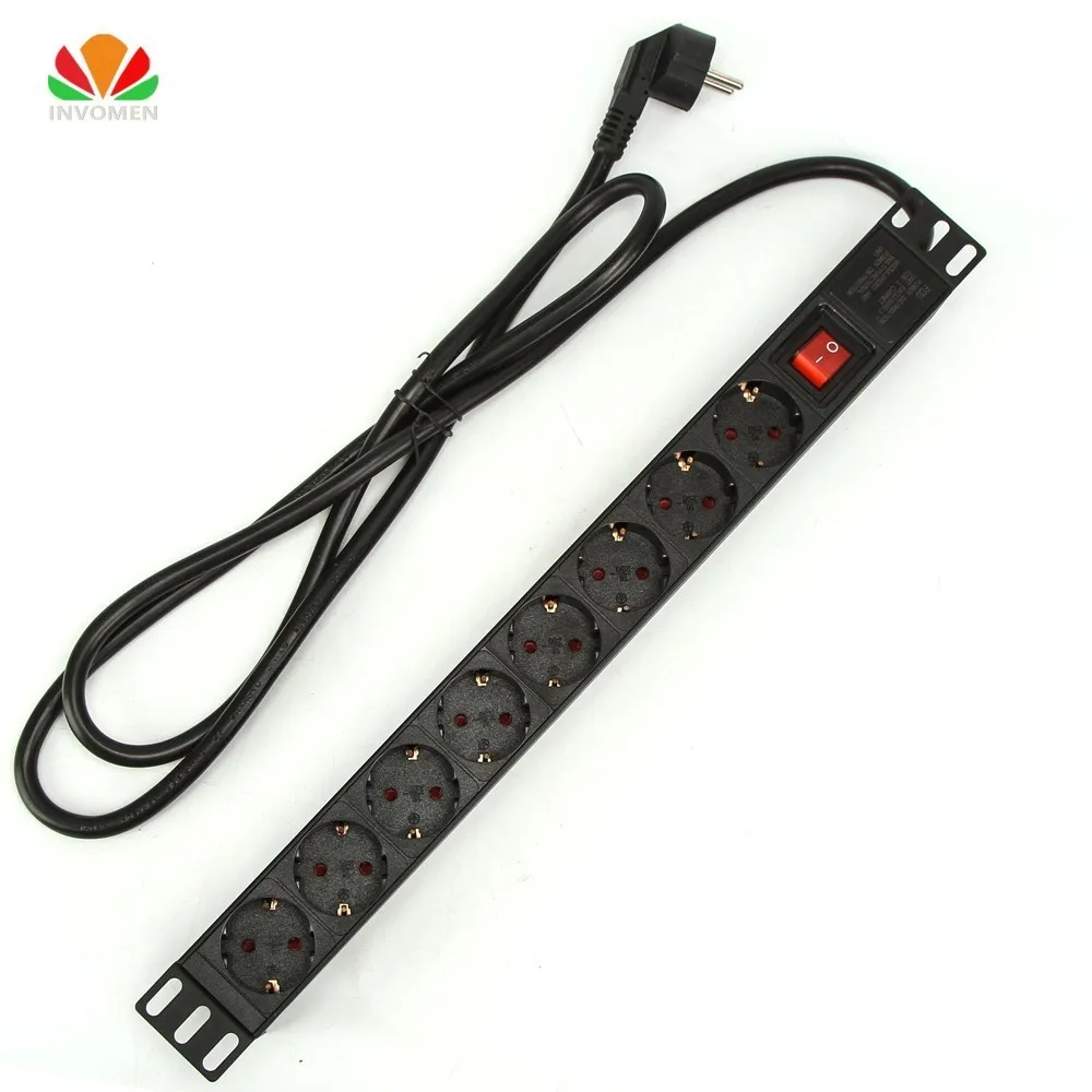 19in 1U 8 Unit German PDU Network Cabinet Rack European Standard Socket Outlet Switch EU Power Strip Distribution 3m Plug Cord