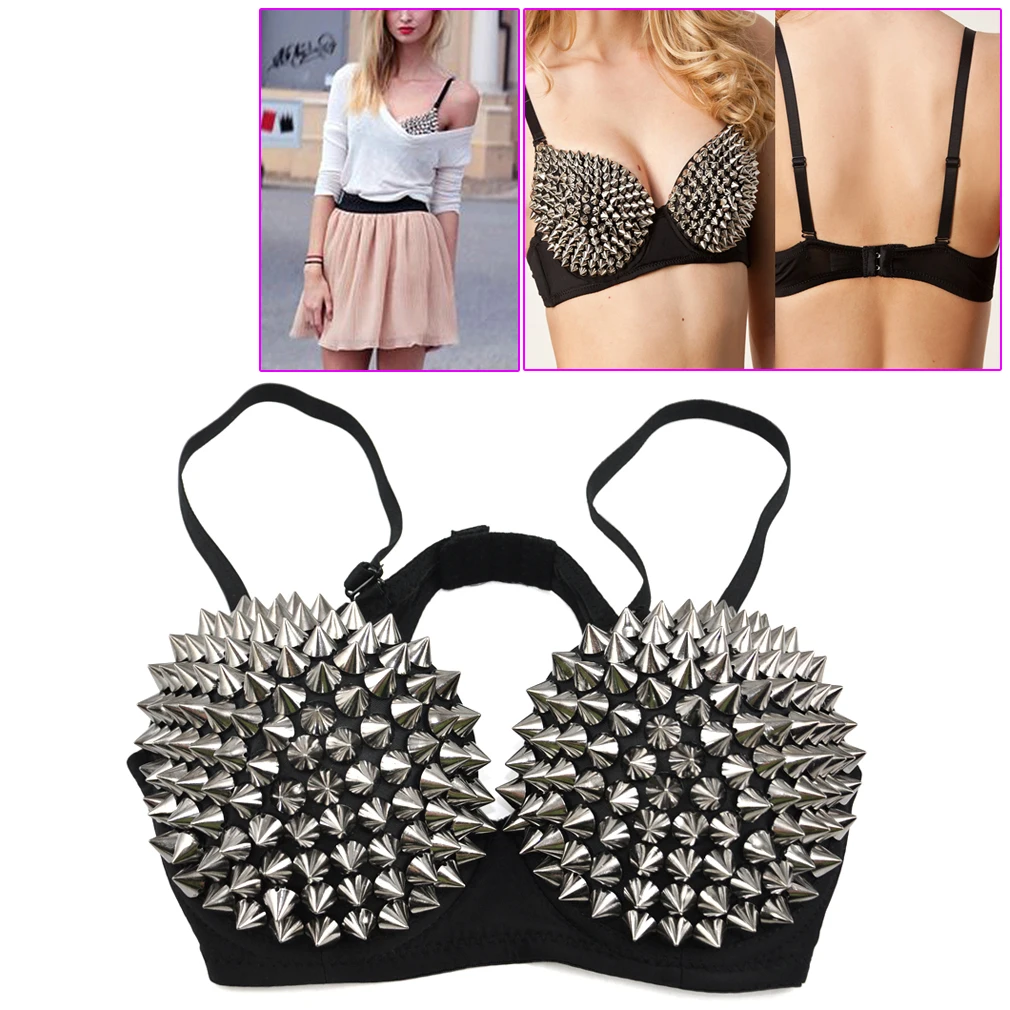 

Women Sexy Silver Tone Metallic Punk Spike Studs Gather Rivet Bra Bralet - 38(silver)