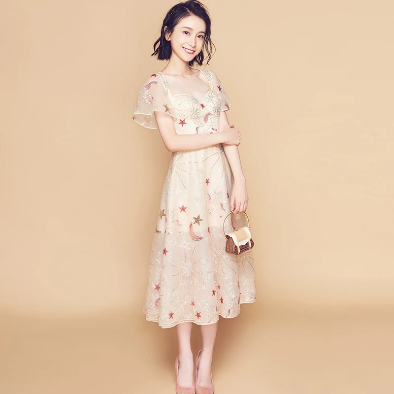 

2019 Summer Sweet Moon Star Sequined Embroidery Dress Women Sexy Strapless Backless Short Sleeve Mesh Party Dress Vestidos