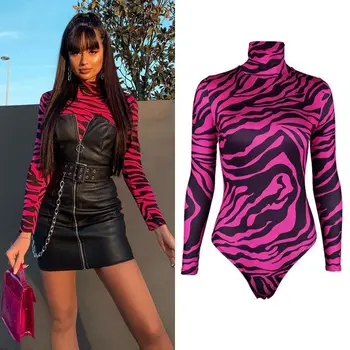 

Women Ladies Print Long Sleeves Bodysuit Stretch Autumn Long Sleeve Turtleneck Tops Tee One Piece Clothes