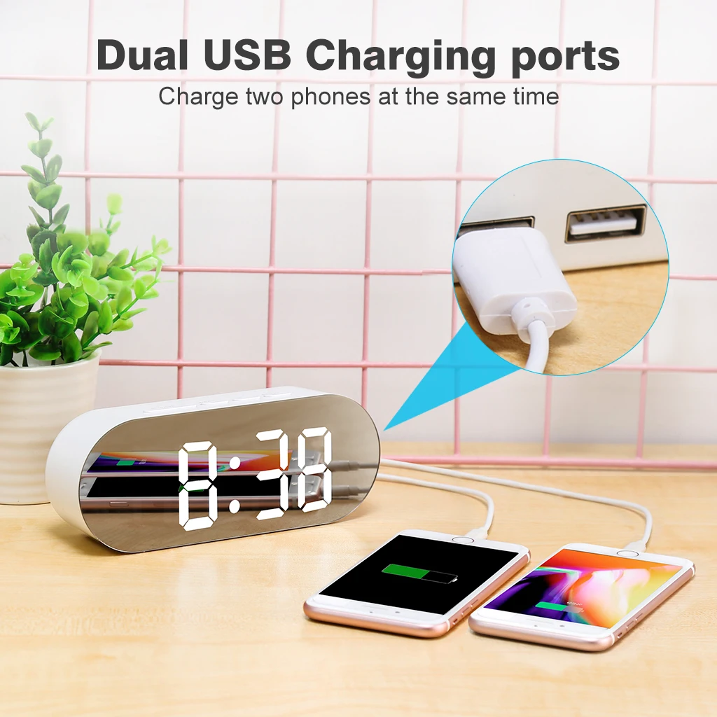 Светодиодный цифровой будильник USB настольные прикроватные часы зеркальный