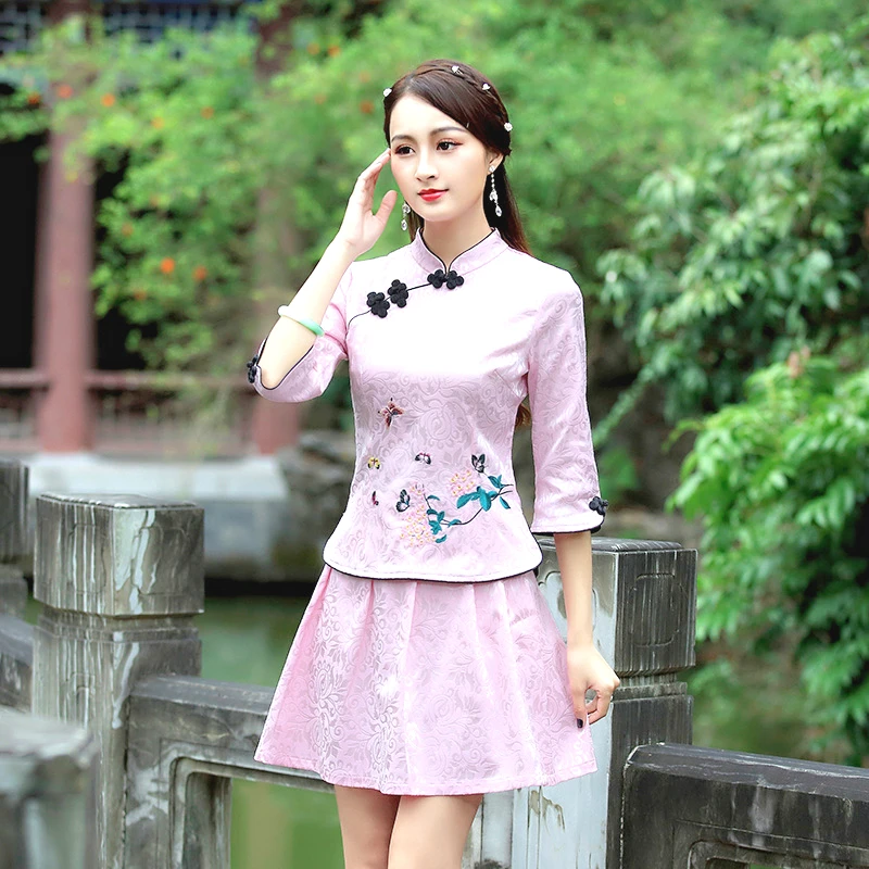 

Guzheng Sets Chinese Cosplay Style Qi Pao Fashion Half Sleeve Tang Costume Elegant Short Suit Dress Massage Uniform XXL Clothing