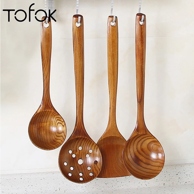 

Tofok Rice Spoon Spatula Wooden Soup Scoop Long Handle Strainer Tea Ladle Seasoning Cutlery Children Dinnerware Cooking Utensils