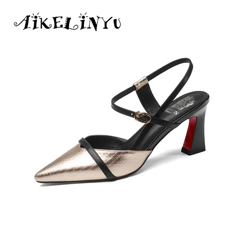 

AIKELINYU Fashion Genuine Leather Women Sandals Mixed Color Square Heel Cusp End High Heels Pumps Lady Shoes Plus Big Szie 34-43