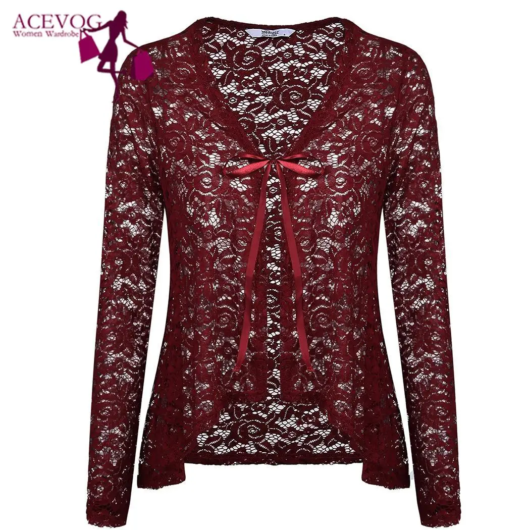 

ACEVOG Vintgae Blouse Women Casual See Through Lace Open Front Spring Autumn Summer Shawl Lace-Up Floral Cardigan Shirts Blusas
