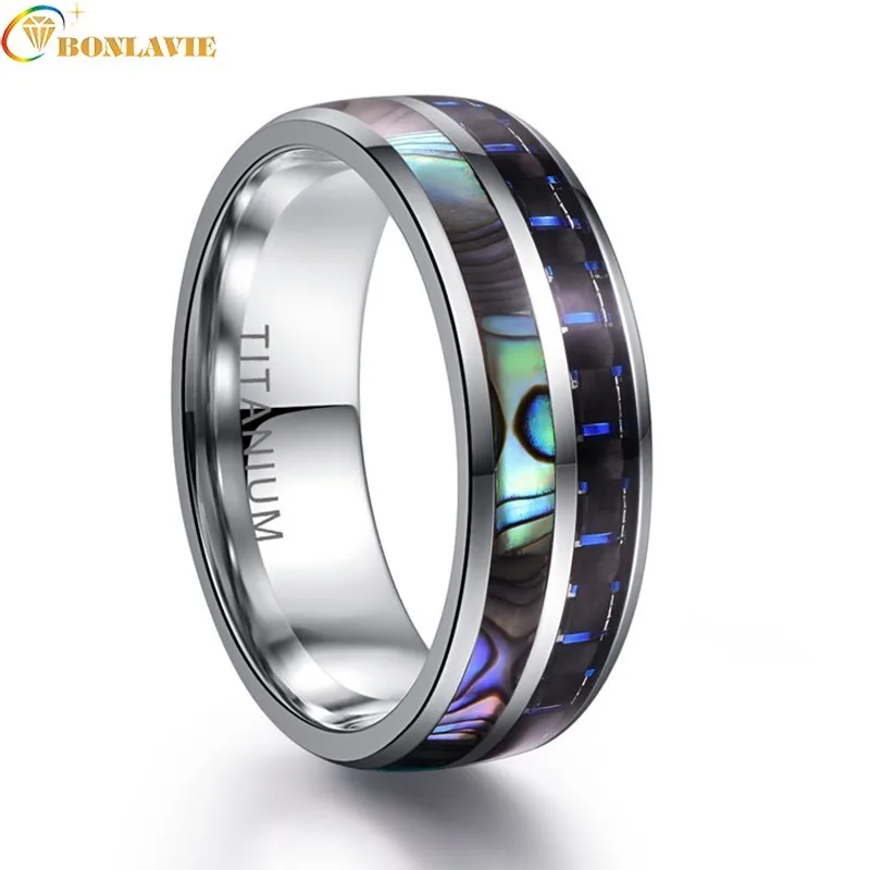 

Men's Wedding Band Engagement Ring Silver Abalone Shell Black Blue Carbon Fiber Stainless Steel Ring For Men Father's Day Gift