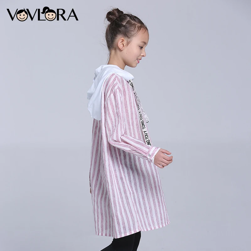 

Girls Hooded Blouses Woven Striped Long Kids Blouse Shirt Button Drawstring Children Clothes Spring 2018 Size 9 10 11 12 13 14 Y