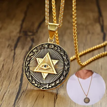 

Men's Eye of Providence Pendant in Golden Star of David Stainless Steel Wicca Amulet Talisman Necklace 24 Inch