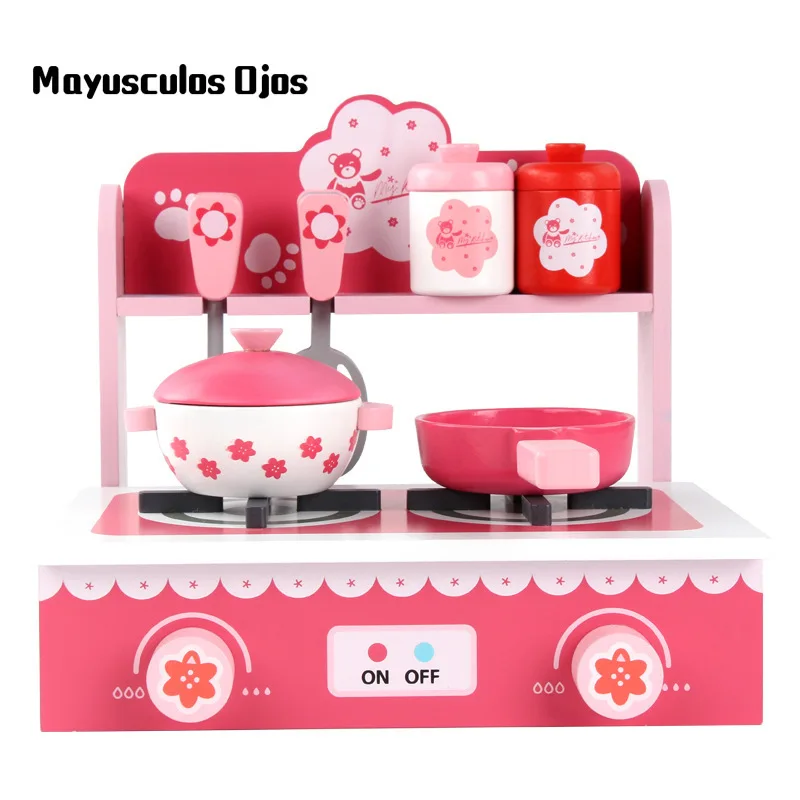 

Children's Play House Wooden Toy Simulation Small Pink Kitchen Gas Stove Girl