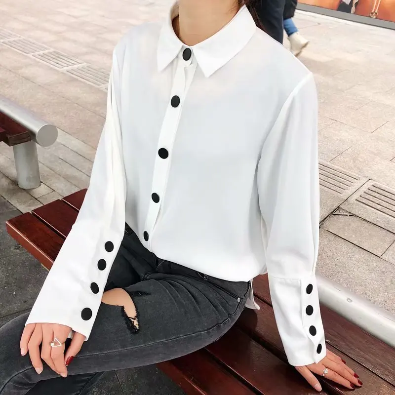 

2019 Spring Long Sleeve White Black Shirt Korean Sweet Shirt Loose Solid Color Blouses Tops Women Fashion Clothings