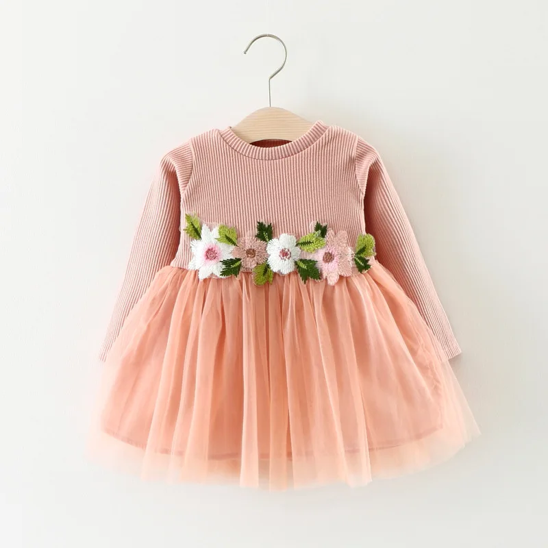 

2019 New spring autumn children waist flowers long sleeve dress princess baby clothes