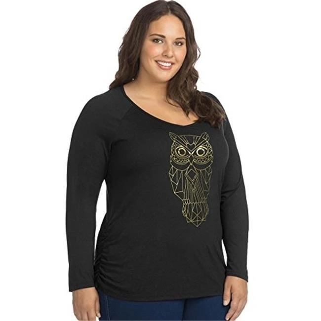 Just My Size 617914401559 L-S Side Shirred Graphic Tee-Golden Geo Owl - 4GQ 1XL |