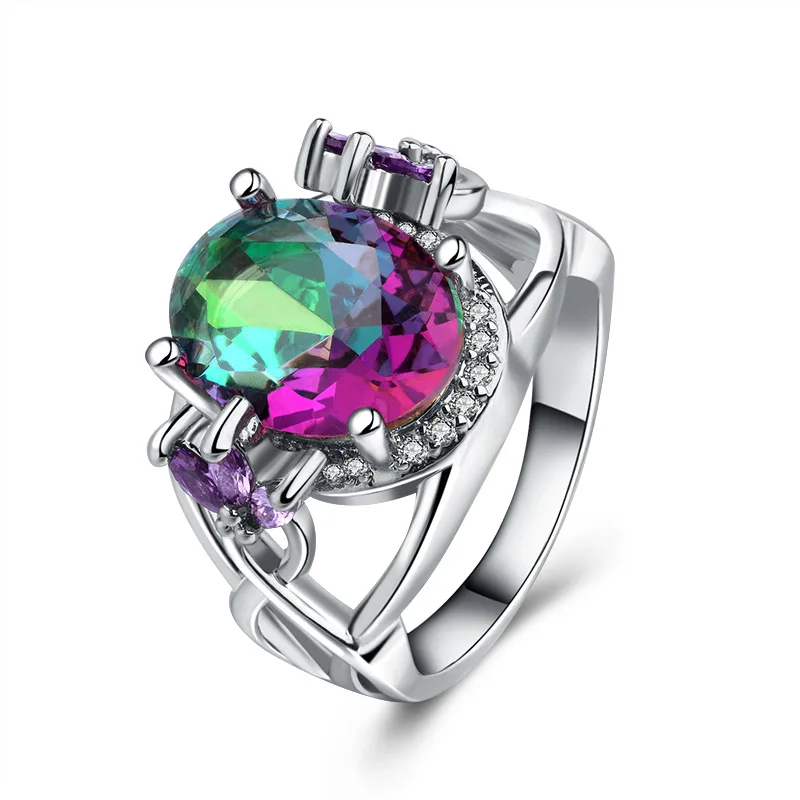 

Colorful Stone Round Zircon Wedding Ring for Women Micro-inlaid Simulation Rainbow Gem Ring Jewelry Engagement Ring