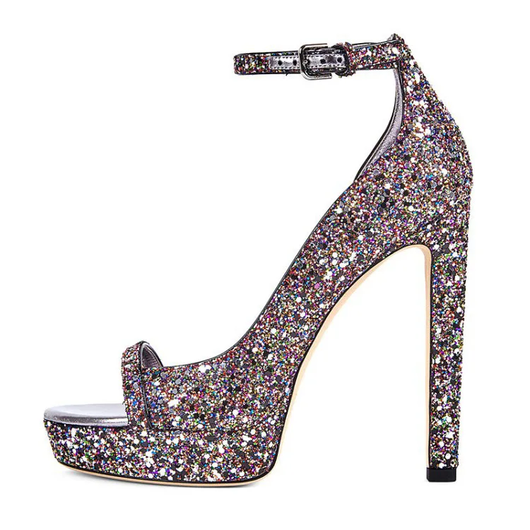 

2019 summer explosion models thick with waterproof platform buckle sequins fashion sandals high-heeled large size women's shoes