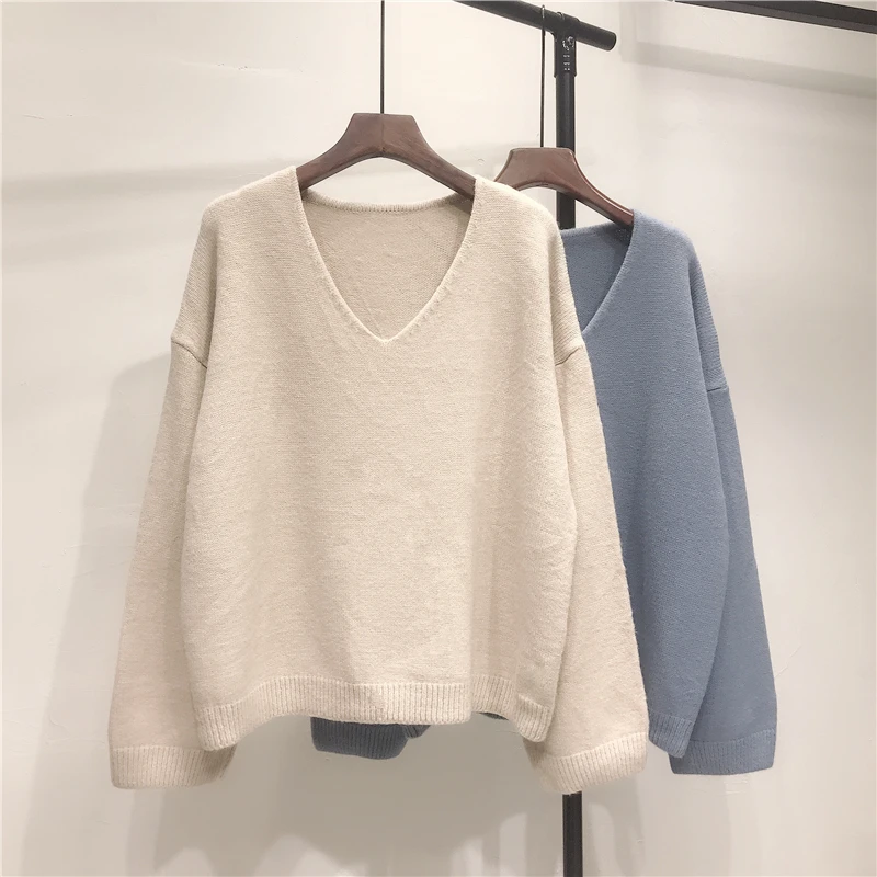 

Women Knitted Sweater Spring V-neck Long-sleeved Pullover Sweaters Cashmere Female Korean Winter Sweet Befree Loose Tops P891