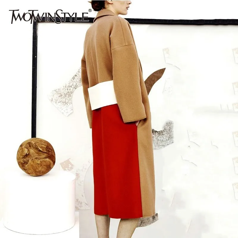 

TWOTWINSTYLE Casual Wool Coat Female Long Sleeve Patchwork Hit Colors Long Winter Jackets For Women 2019 Oversized Fashion New