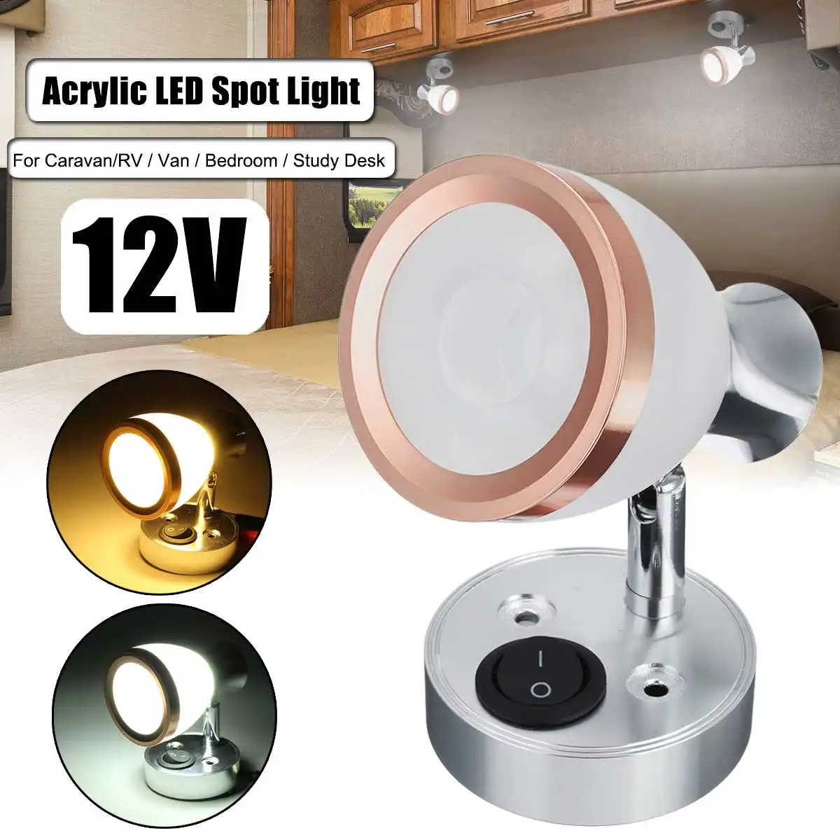 

12V 3W LED Rotatable Mini Spot Light Adjustable Wall Reading Lamp for Kitchen/Bedside/Reading Desk/RV/Caravan/Truck