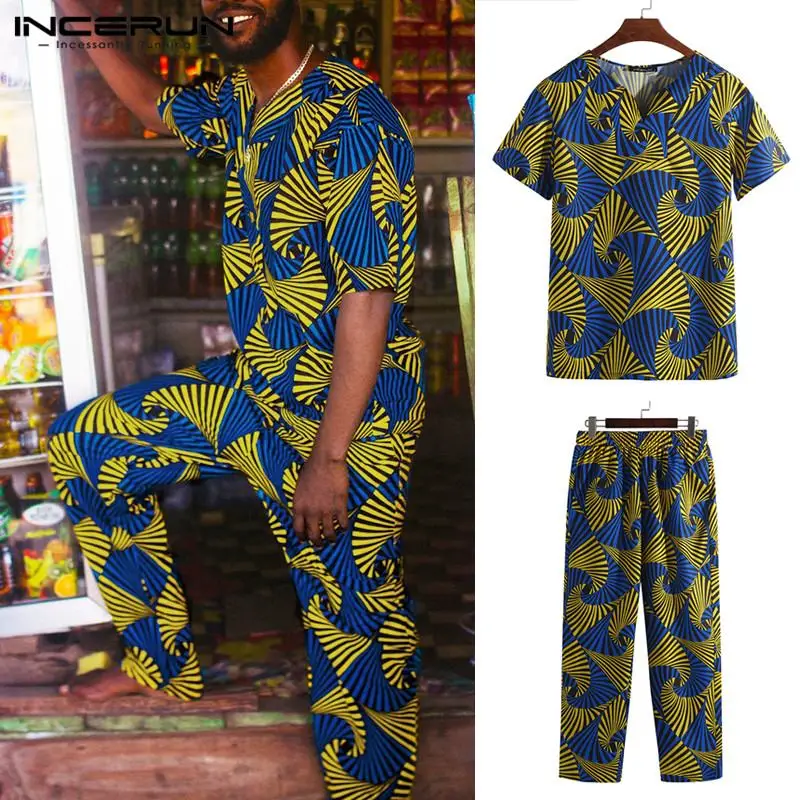 

INCERUN African Clothes Dashiki Men Sets Ethnic Style Print Short Sleeve T Shirt & Pants Two Piece Men African Outfit 2019 S-5XL