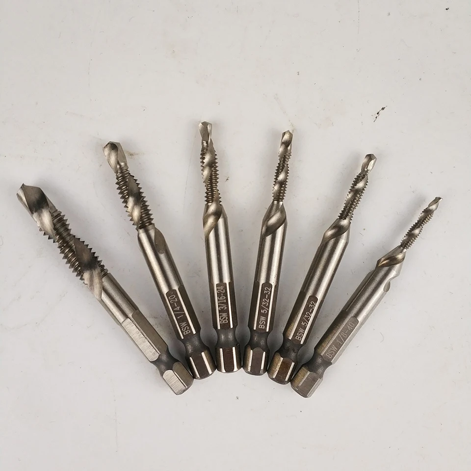 6pcs Self-centering Spiral Pointed Tap HSS Tapping Thread Hex Tap Drill Bit L/&6