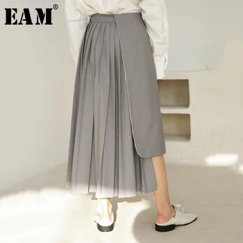 

[EAM] 2020 New Spring Summer High Waist Black Dot Printed Pleated Split Joint Irregular Half-body Skirt Women Fashion Tide JR440