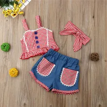 Новые модные клетчатые костюмы для маленьких девочек майка на бретелях топы и шорты повязка на голову летняя повседневная одежда