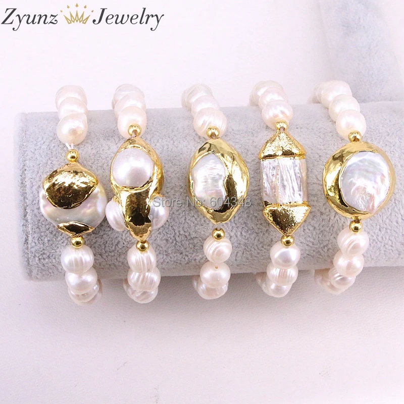 

5 Strands ZYZ320-7776 Natural Pearl Bracelets Bangles, Gold Color Freshwater Pearl Beaded Bracelet Handmade Jewelry