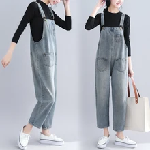 Qiukichonson Для женщин Большие джинсы Весна Винтаж рваные, с карманами, Свободные Комбинезоны женские Высокая Талия Повседневное джинсовые комбинезоны