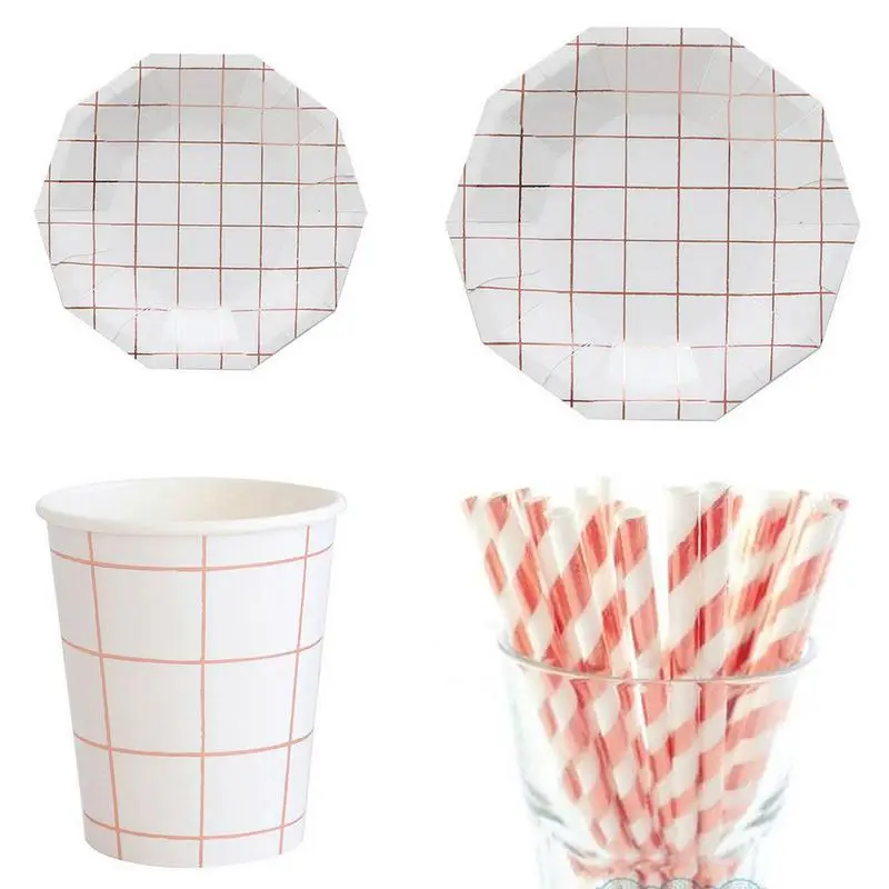

Nordic Style Paper Disposable Tableware For Birthday Wedding Parties Simple Rose Gold Check Plates Cups Straw Party Cutlery Set