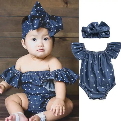 

2Pcs Cute Denim Baby Girl Bodysuit Heart Print Off Shoulder Infant Jumpsuit Summer Clothes Short Sleeve Baby Casual Bodysuit