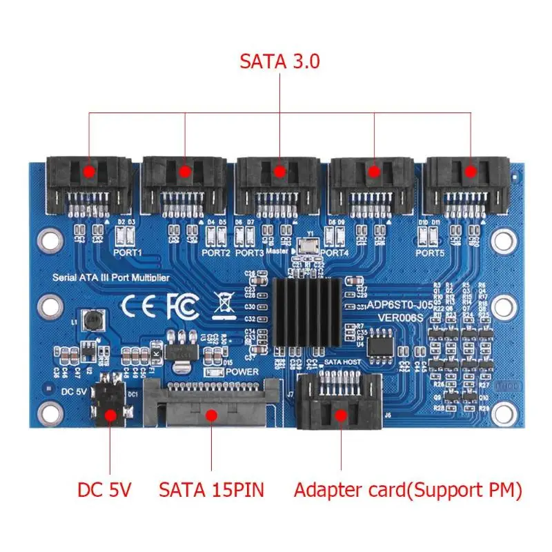  Tarjeta de expansión SATA 1 a 5 puertos Tarjeta de controlador SATA3.0 placa base SATA multiplicado