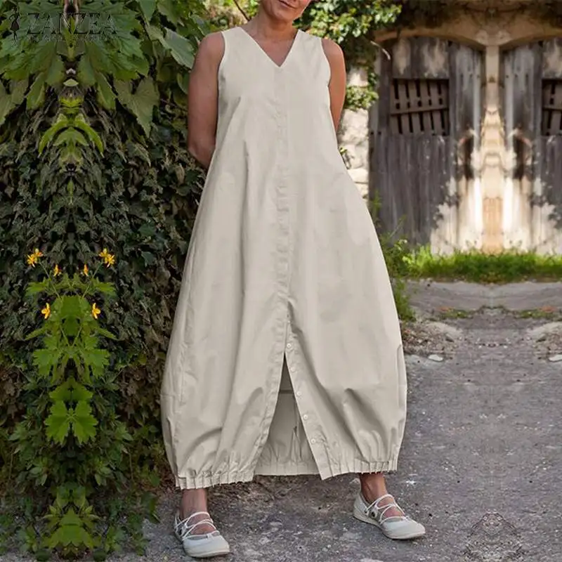 

2019 Summer ZANZEA Dress for Women Long Maxi Sarafans Vestidos Solid Casual Loose Sundress Mujer Tanks Dresses Elastic Hem Robe
