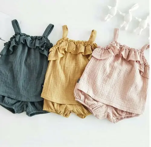 Infant Toddler Kids Baby Girls Solid Color Ruffle Tops T-Shirt+Pants Outfits Clothes Set