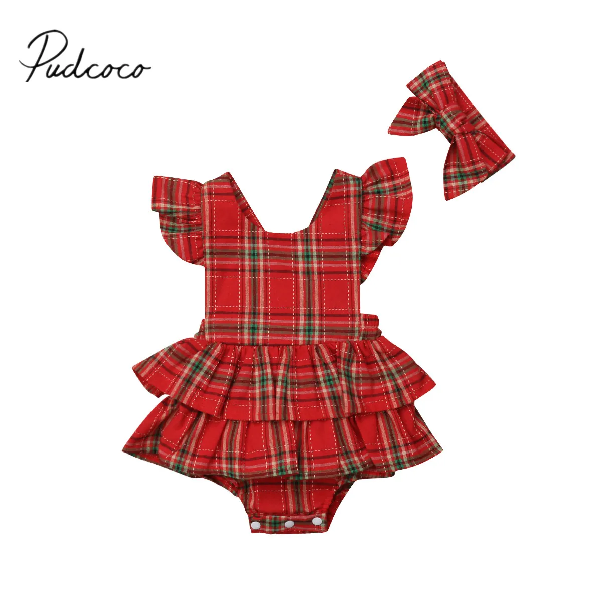 

2018 Brand New Christmas Toddler Kids Baby Girls Ruffled Bodysuits Headband Short Petal Sleeve Plaid Jumpsuit Summer Clothes