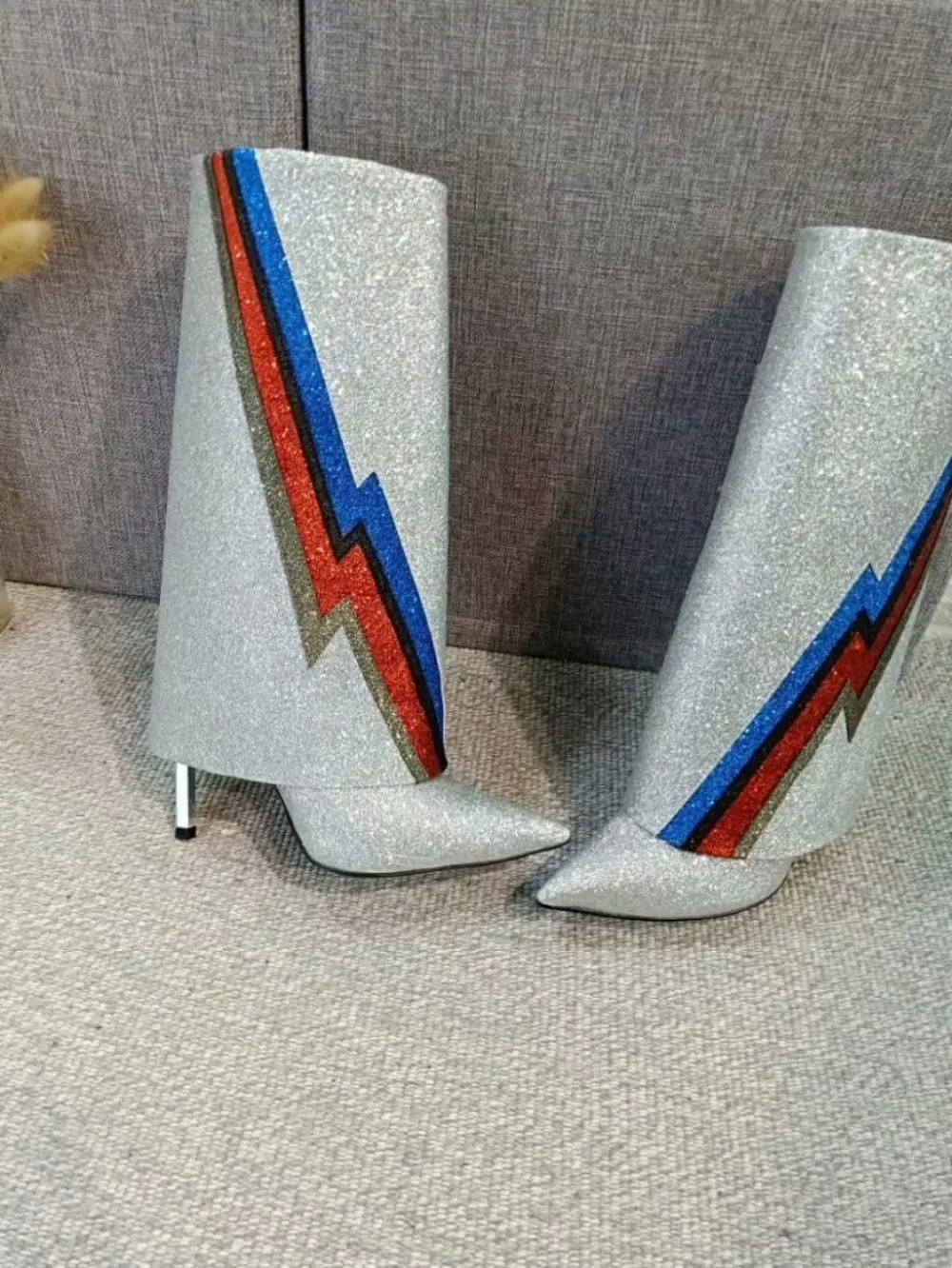 Mujer Fotos Botas Tacón Alto Moda Plata Reales Rayo Cuero Metal Punta Nuevo Colorido Polvo De OUq707
