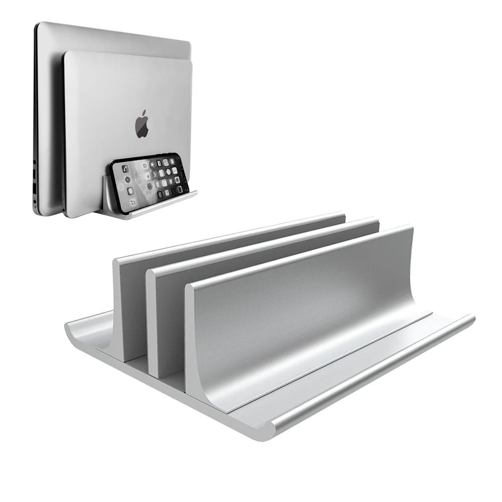 Регулируемая металлическая вертикальная подставка для ноутбука дизайн 2 слота алюминиевый настольный двойной держатель до 17,3 дюймов-Серебристый