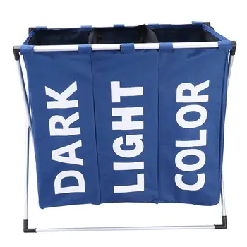 

Triple Compartment Laundry Hamper Foldable Laundry Basket Storage Bag (Dark Blue)