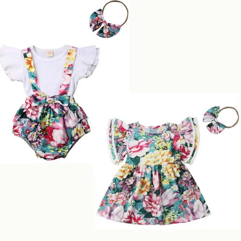 

Little Sister Summer Clothes Set Baby Girl Tops Bib Shorts Big Sister Dress Flower Printed Outfits 2019 Family Matching Clothes