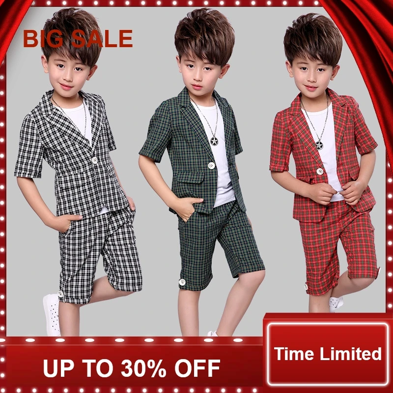 

Children 2Pcs Plaid Short Sleeves Suit Kids England Style Blazer Suit Boys Formal Wedding Clothing Set