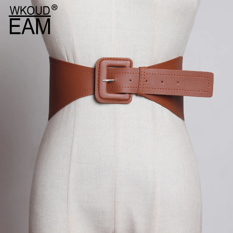 

WKOUD EAM 2019 New Spring Summer Pu Leather 4 Colors Black Irregular Side Wide Personality Belt Women Fashion All-match JS6