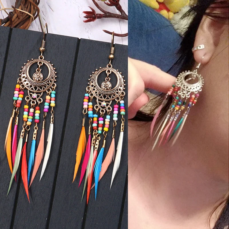

2019 new Oval Feather Dangle 1Pair Measle Unique Golden Silver Vintage Ethnic Rainbow Colors Drop Earrings Hollow Out 7 Colors