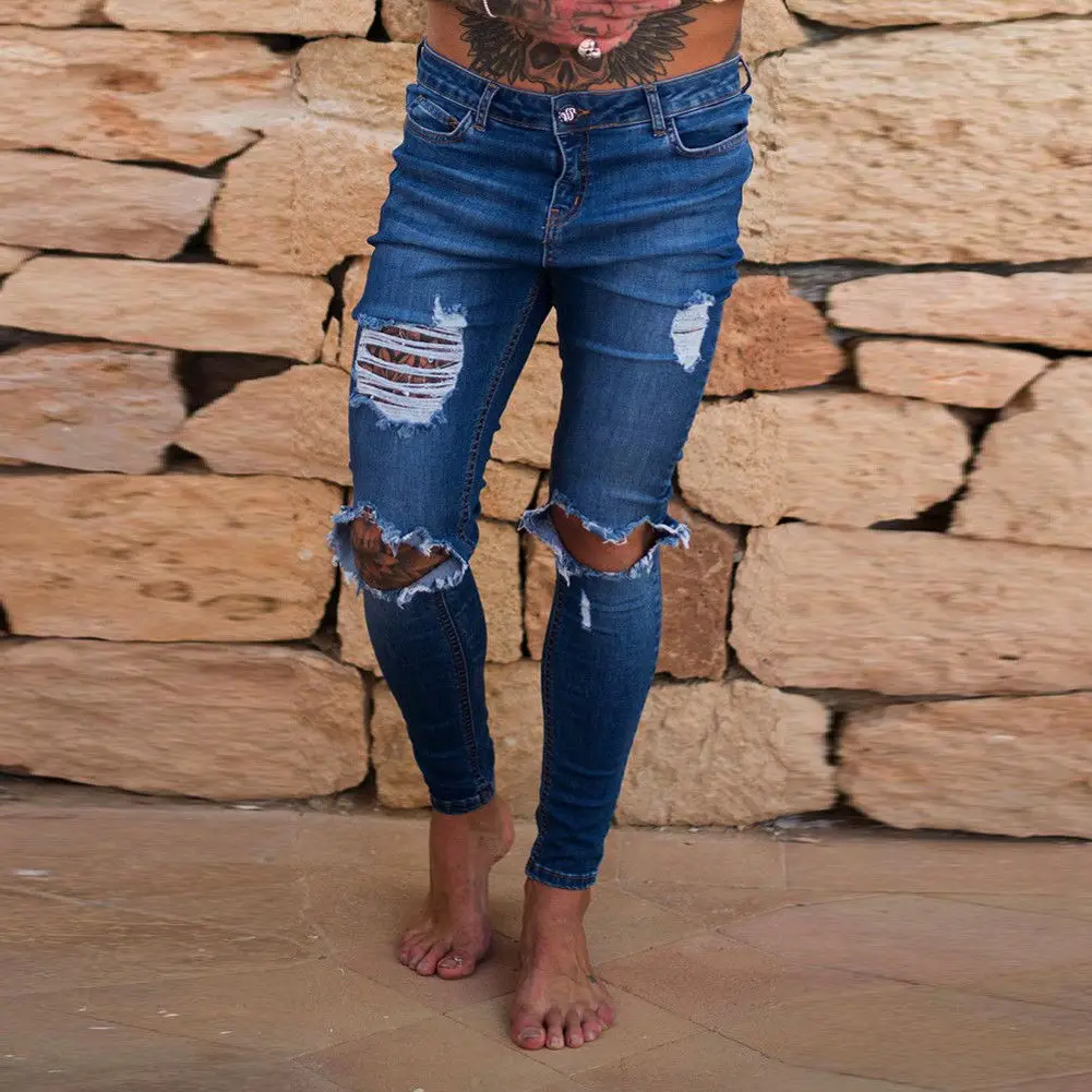 

New Fashion Hole Jeans Men Skinny Stretch Denim Pencil Pants Distressed Ripped Biker Slim Fit Jeans Trouser