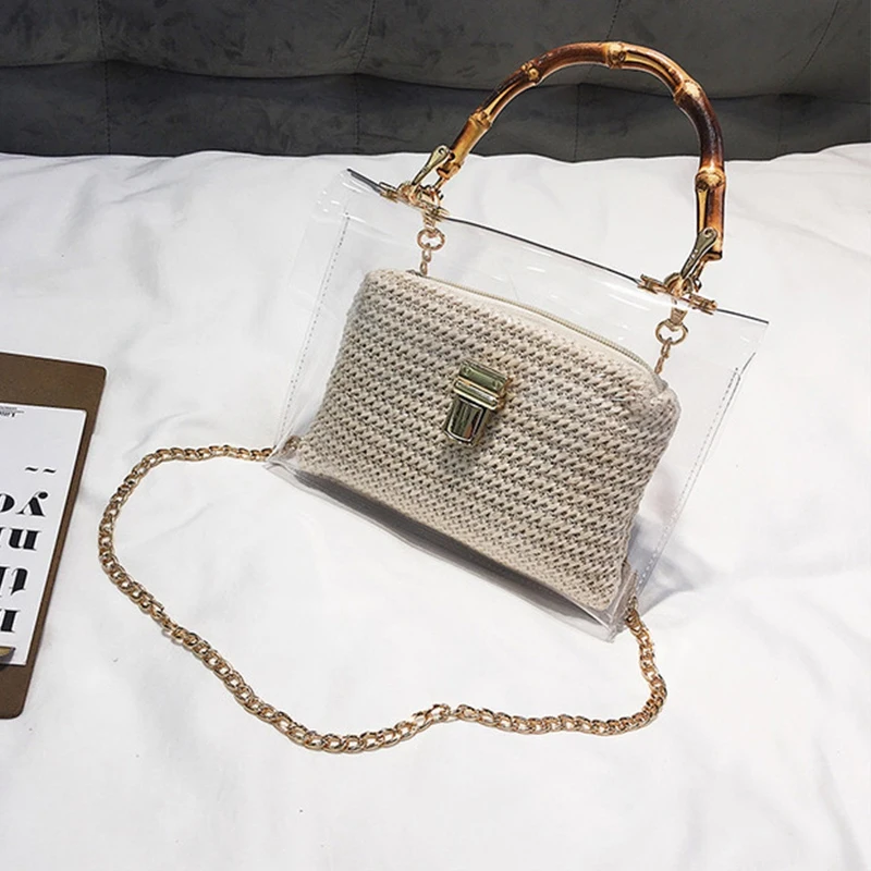 حقيبة بلاستيكية شفافة للنساء يد مع الخيزران مقبض الصيف صغيرة سلسلة Crossbody حقائب السيدات سترو حقائب الشاطئ حقيبة بلاستيكية شفافة للنساء يد مع الخيزران مقبض الصيف صغيرة سلسلة Crossbody حقائب السيدات سترو حقائب الشاطئ