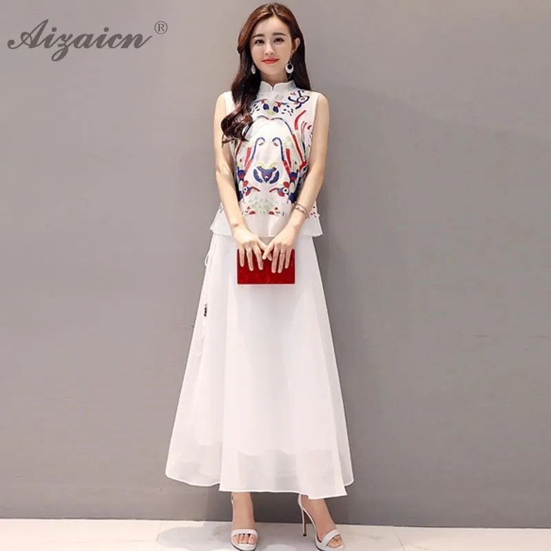 

Moderm White Embroidery Cheongsam Traditional Chinese Dress Qipao Casual Orientale Robe 2019 New Two-piece Girl Long Qi Pao