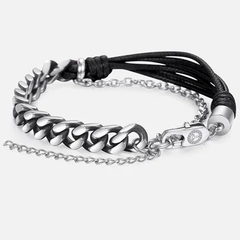 

Unique Men's Leather Bracelet Black Brown Blue Color Stainless Steel Cuban Link Bracelets Male Jewelry Valentines Gifts DLBM02